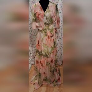 NWOT Hope & Ivy Briella Pink & Green Floral Chiffon Wrap Maxi Dress SZ 16